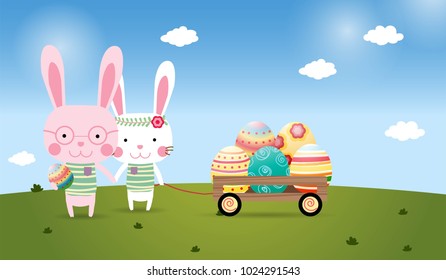 Happy Easter greeting card background. Invitation vector illustration vintage. Cartoon rabbit and eggs.