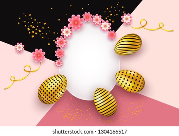 Happy Easter greeting card background with realistic golden eggs, swirl ribbon and sparkling confetti. Design elements for banner, poster, card, eggs hunt decoration. Vector illustration