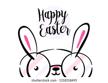 Happy easter greeting card background with cute bunny wear glasses with copy space. Vector illustration in hand drawing sketch outline hipster style.