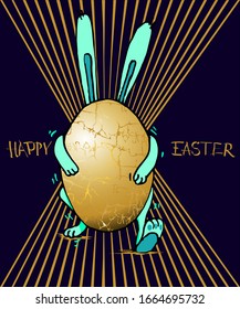 Frohe Ostergrußkarte oder Hintergrundvorlage.  Ein 3D-goldenes Ei aus Marmor wird von einem sich bewegenden Hasen getragen. Kaninchen mit einem goldenen Marmor Effekt Ei in den Händen.Frohe Ostern. Handgezeichnete Vektorillustration