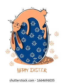 Happy Easter greeting card or background template. The rabbit hugged a flower egg. Orange bunny and blue flower egg on white background. Happy Easter. Hand drawn vector