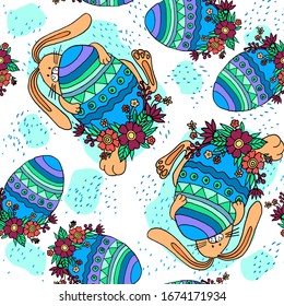 Happy Easter greeting card or background seamless template.The Easter egg is carried by a moving bunny. The rabbit is holding an egg decorated with ornaments. Flower meadow.Hand drawn vector