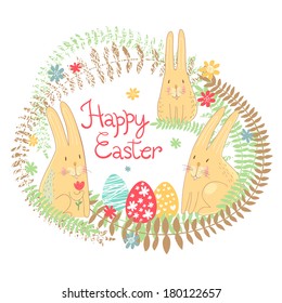 Happy Easter greeting card background with cute rabbits with Easter eggs.