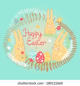 Happy Easter greeting card background with cute rabbits with Easter eggs.