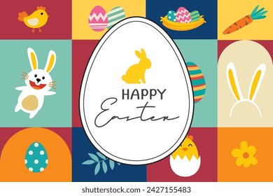 Plantilla de fondo de tarjeta de felicitación de Pascua feliz. Se puede utilizar para la cubierta, invitación, anuncio, papel pintado, volantes, carteles, folleto.