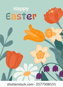 Happy Easter greeting card. Background with spring flowers. Vector illustration in a flat style.
