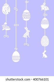 Happy Easter greeting card or background. Decoration with easter bunny and decorated Easter eggs hanging on ribbons with bows. Vector illustration