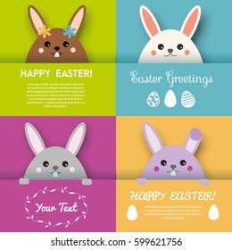 Happy Easter greeting card, background vector design template. Cute bunny character looking out from paper pocket. Seasonal vector background with place for your text and design