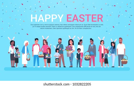 Happy Easter Greeting Card Banner With Group Of People Celebrating Holiday Wear Bunny Ears And Holding Baskets Over Background With Copy Space Flat Vector Illustration