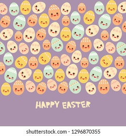Happy Easter greeting card banner template design. Kawaii colorful blue green orange pink yellow cute funny egg with pink cheeks and winking eyes, pastel colors on lilac purple background. Vector