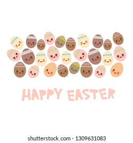 Happy Easter greeting card banner template design. Kawaii colorful orange pink yellow brown cute funny egg with pink cheeks and winking eyes, pastel colors on white background. Vector