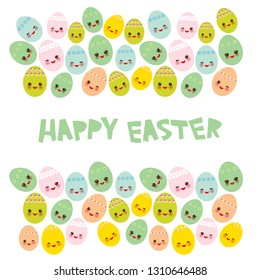 Happy Easter greeting card banner template design. Kawaii colorful blue green orange pink yellow cute funny egg with pink cheeks and winking eyes, pastel colors on white background. Vector