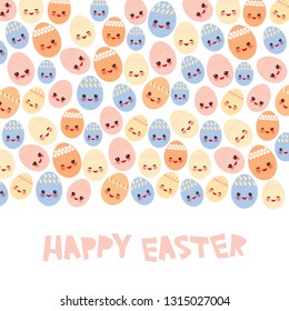 Happy Easter greeting card banner template design. Kawaii colorful blue orange pink yellow cute funny egg with pink cheeks and winking eyes, pastel colors on white background. Vector