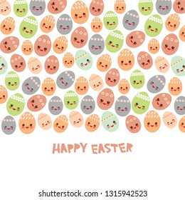 Happy Easter greeting card banner template design. Kawaii colorful blue green orange pink blue lilac cute funny egg with pink cheeks and winking eyes, pastel colors on white background. Vector