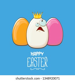 Happy easter greeting card or banner with funky egg king character and color eggs isolated on blue background. Cartoon easter kids background