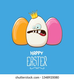 Happy easter greeting card or banner with funky egg king character and color eggs isolated on blue background. Cartoon easter kids background