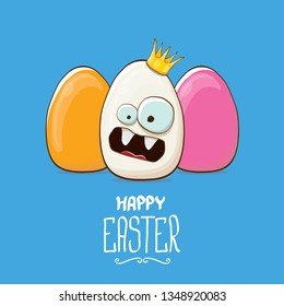Happy easter greeting card or banner with funky egg king character and color eggs isolated on blue background. Cartoon easter kids background
