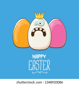 Happy easter greeting card or banner with funky egg king character and color eggs isolated on blue background. Cartoon easter kids background