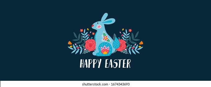 Happy easter greeting card or banner with bunny vector illustration. Blue rabbit with floral decorations flat style design. Handwritten lettering. Spring holiday concept