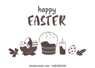 Happy Easter. Greeting card or banner template with easter symbols - cake, candle, decorated eggs and leaves. Vector isolated Illustration. Season greeting. For postcard, invitation, poster, banner.