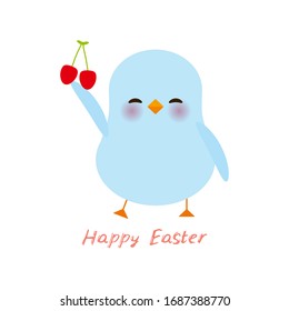 Happy Easter greeting card banner template. Kawaii blue chick cute funny bird with pink cheeks and winking eyes, red cherry, pastel colors isolated on white background. Vector