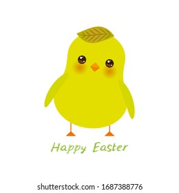 Happy Easter greeting card banner template. Kawaii yellow chick cute funny bird with pink cheeks and winking eyes, green leaf pastel colors isolated on white background. Vector