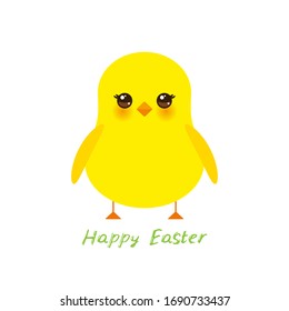 Happy Easter greeting card banner template. Kawaii orange yellow chick cute funny bird with pink cheeks and winking eyes, pastel colors isolated on white background. Vector