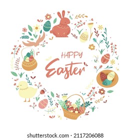 Happy Easter greeting card, banner, bright cute print with inscription, eggs, flowers, plants, leaves and twigs