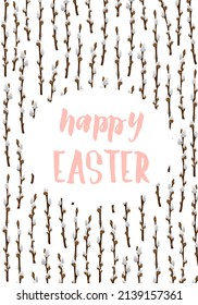 Happy Easter greeting card, banner, poster, holiday cover. Hand-drawn trendy design of Spring flowers. Vector flat cartoon illustration.