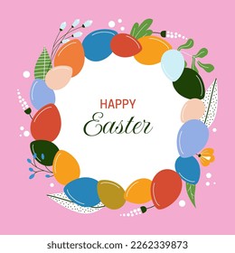 Frohe Ostergrußkarte, Banner, Poster. Osterferien-Hintergrund-Design mit Eiern, Blumen, Blättern, Typografie. Farbige Vektorgrafik im modernen minimalistischen Stil