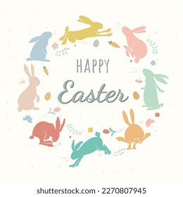 Happy Easter greeting card, banner, poster. Trendy Easter design with bunnies, flowers, eggs in pastel colors. Vector minimal style