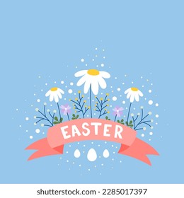 Happy Easter. Greeting card with banner, daisy flowers, branches and eggs. Vector illustration, flat design