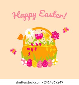 Happy Easter greeting card, banner, poster.  Hand-drawn trendy design of Spring flowers