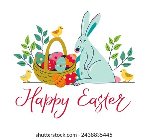 Happy Easter greeting card, banner with cute Easter rabbit, chicks, basket, easter eggs, spring leaves.