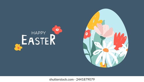 Tarjeta de felicitación de Pascua feliz, diseño de banner. Póster de primavera dibujado a mano con huevos de Pascua y flores. Ilustración de vector