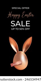 Happy Easter greeting card, banner, poster, special offer with golden egg and bunny, rabbit ears on a black background. Luxury Festive Easter vertical flyer. Trendy Easter design with egg, bunny ears