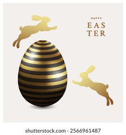 Happy Easter greeting card, banner, cover, poster or flyer. Trendy modern design with 3d realistic black and golden eggs, bunny for social media, sale, advertisement, web