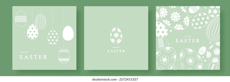 Happy Easter greeting card, banner cover set. Design template with white eggs with floral and geometric ornamement on green pastel background. Modern minimalist design in linear style