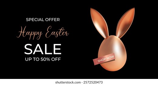 Happy Easter greeting card, banner, poster, special offer with golden egg and bunny, rabbit ears on a black background. Luxury Festive Easter vertical flyer. Trendy Easter design with egg, bunny ears