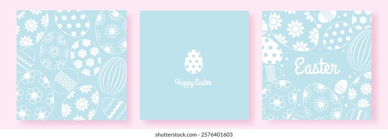 Happy Easter greeting card, banner cover set. Design template with white eggs with floral ornamement on blue pastel background. Modern minimalist design in linear style. Vector illustration
