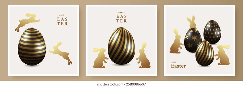 Happy Easter greeting card, banner, cover, poster or flyer set. Trendy modern design with 3d realistic black and golden eggs, bunny for social media, sale, advertisement, web