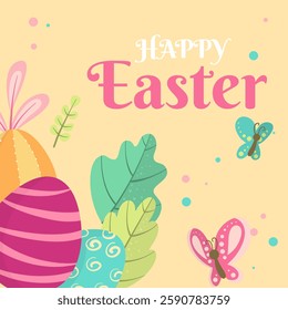 Happy Easter greeting card, banner, poster, label, holiday cover, social media post. Vector square background with butterflies and eggs in pastel colors