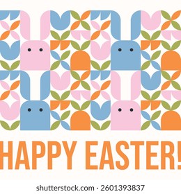 Happy Easter greeting card, banner, flyer template with typography and Easter bunnies and flowers in geometric style.