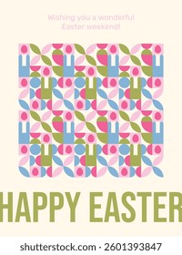 Happy Easter greeting card, banner, flyer with typography and pattern in geometric style with Easter bunnies and eggs.