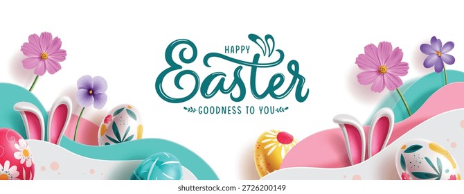 Frohe Ostern Grußkarte Banner Design. Ostergruß Textclip Kunstvorlage mit bunten Eiern, Blumen und Papier geschnitten Dekorationselemente auf weißem Hintergrund für traditionelle Feier Vektorgrafik.
