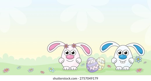 Happy Easter greeting card banner template with cute cartoon egg-shaped bunnies, decorated eggs, and spring flowers on green grass. Blank copy space for text