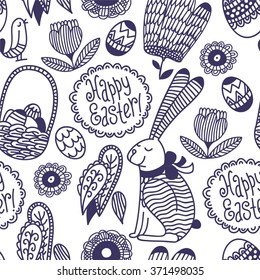 happy easter greeting card banner bunny seamless tattoo linear doodle pattern