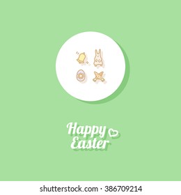 Happy Easter. Greeting card or banner template with hand drawn egg icon, easter rabbit, ringing bell and carrots. Bright green background