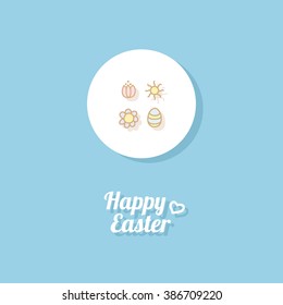 Happy Easter. Greeting card or banner template with hand drawn egg icon, chamomile, tulip and Sun. Bright celestial blue background