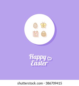 Happy Easter. Greeting card or banner template with hand drawn egg icon, butterfly, calendar page and Easter basket with painted eggs. Purple background